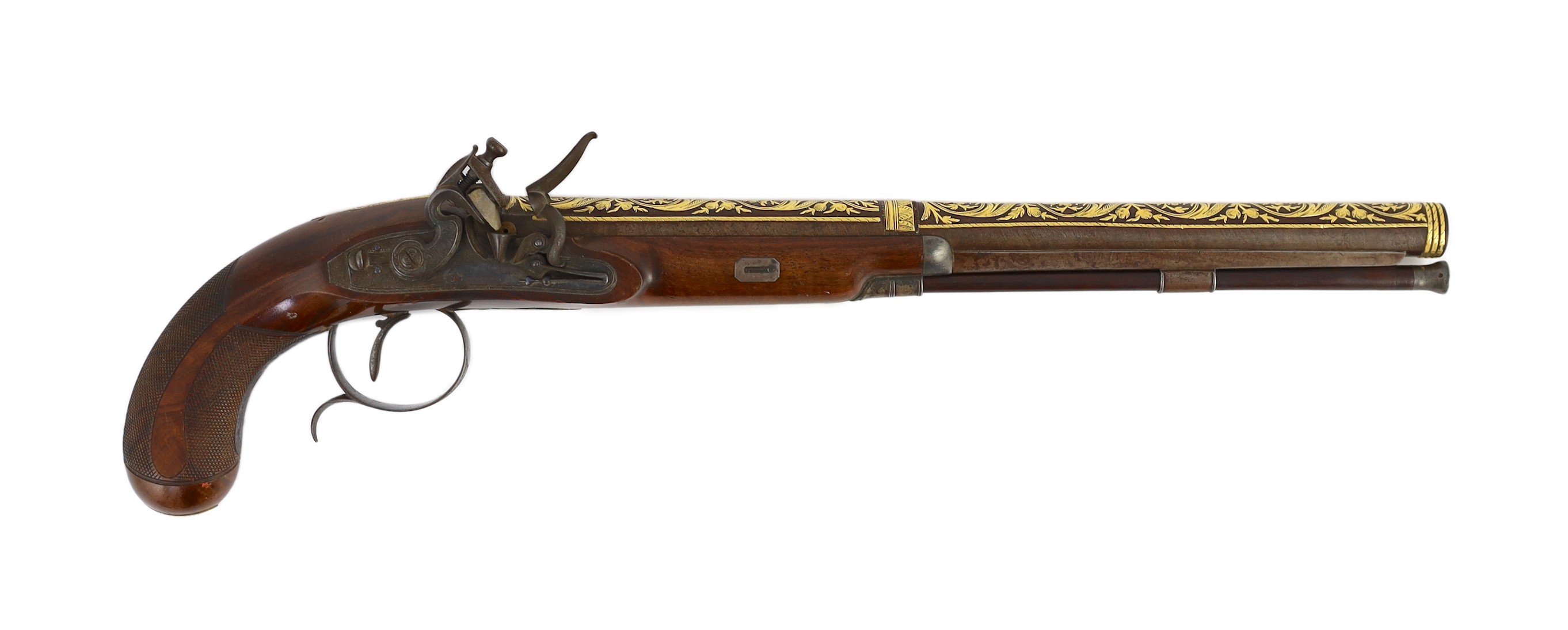 An early 19th century gold overlaid flintlock pistol, by Beckwith, London, 47cm